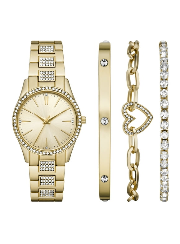 Folio Women's Watch Gift Set: Gold Round Case, Gold Sunray Dial, Gold Tone 3 Link Bracelet
