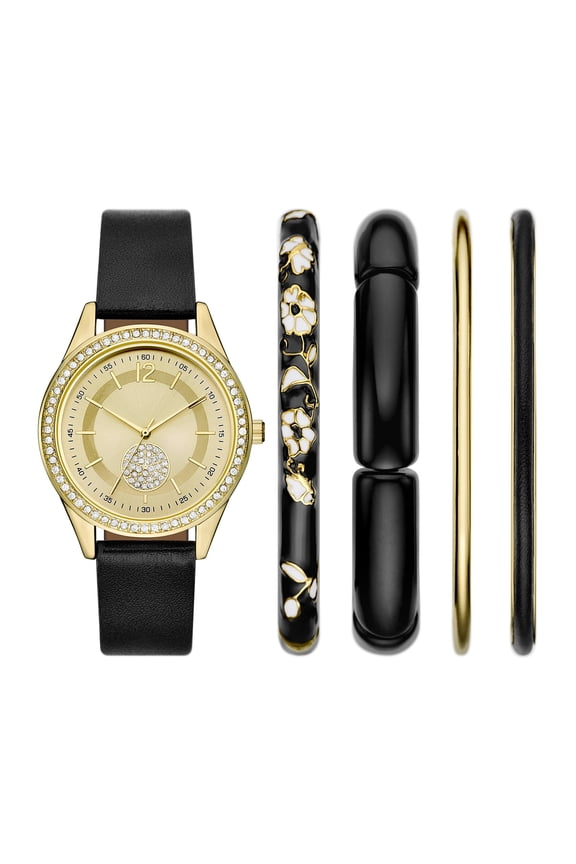 Women's Watch Gift Set: Gold Round Case, Gold Sunray Dial and Black Faux Leather Strap