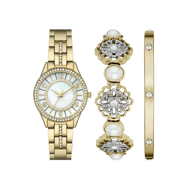 Folio Women's Watch Gift Set Gold Round Case, Mother of Pearl Dial and