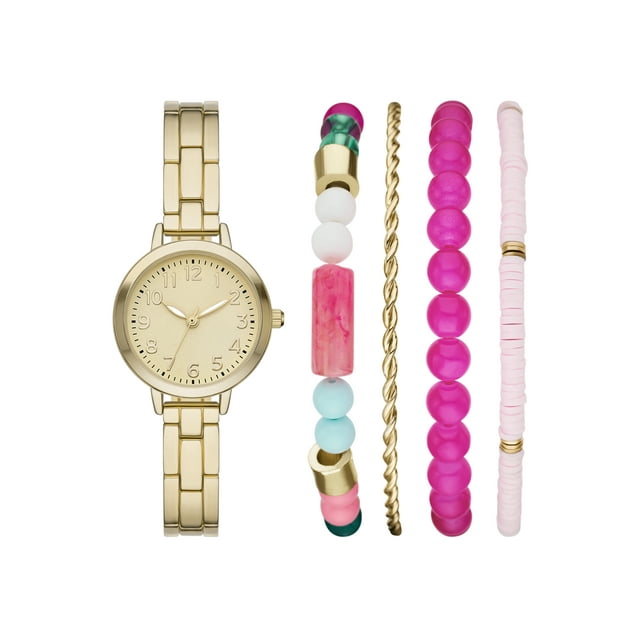 Folio Women's Watch Gift Set Gold Tone Round Case, Gold Sunray Dial