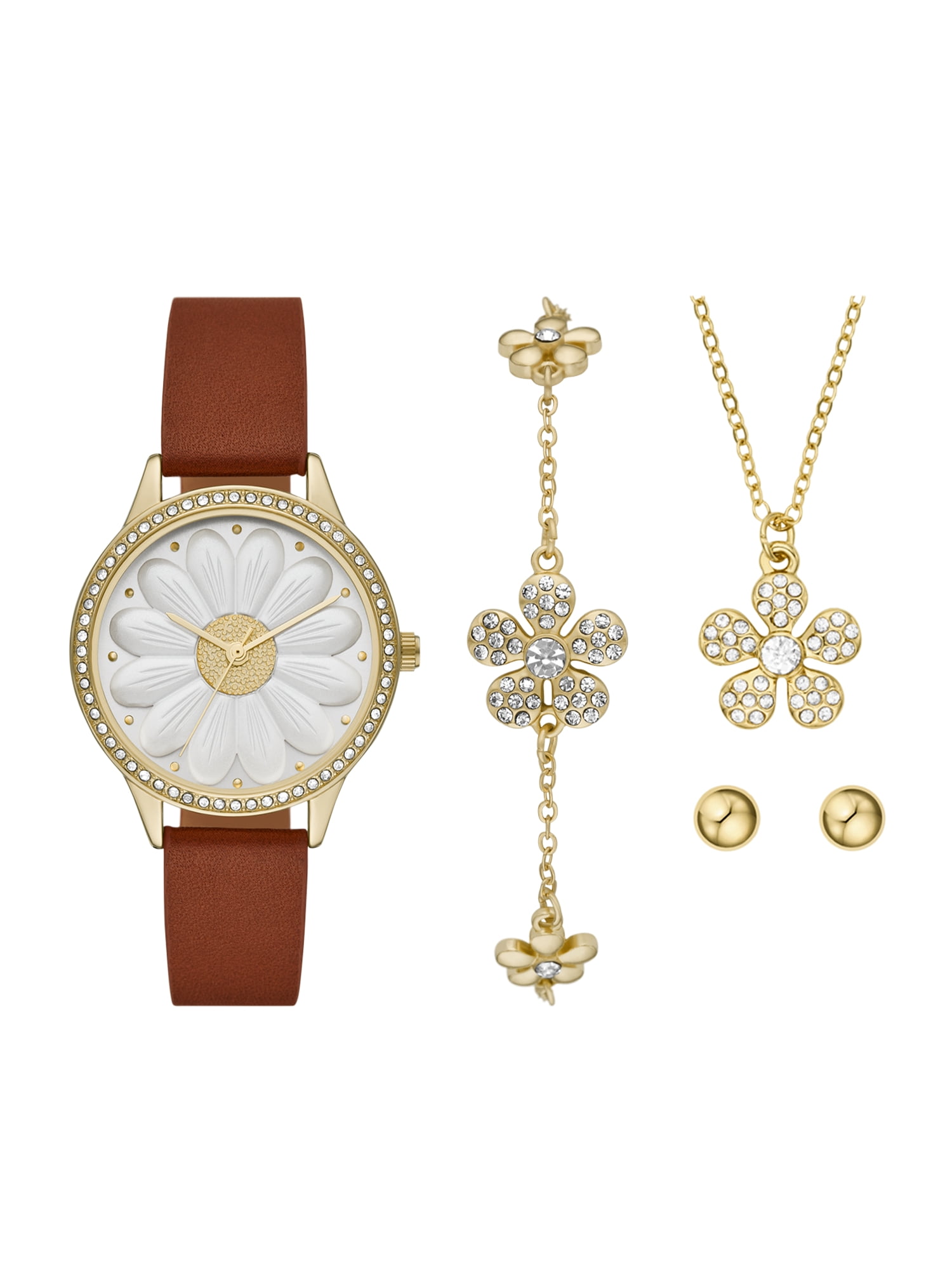 Folio Women's Watch Gift Set Gold Tone Round Case with Clear Stone