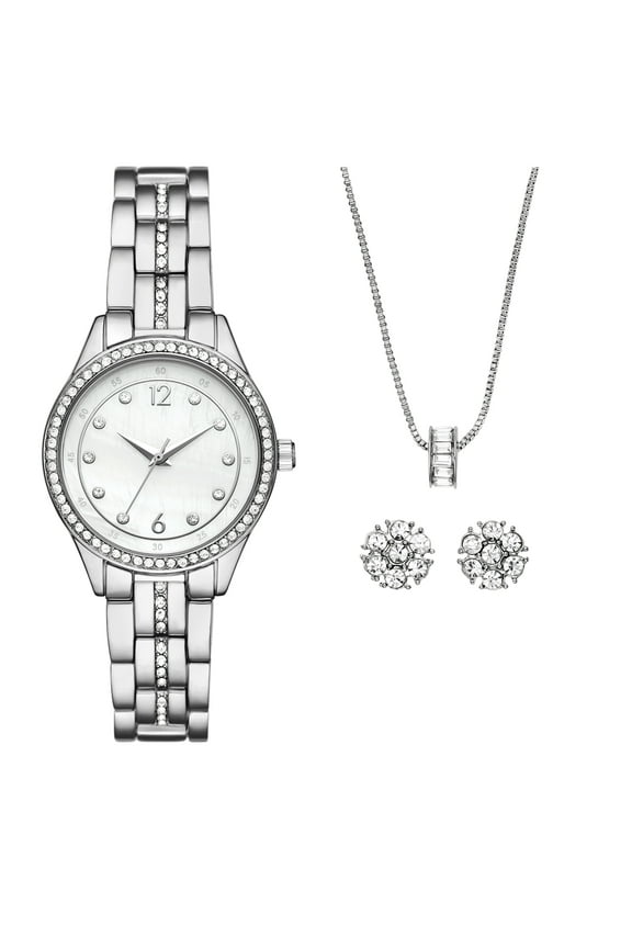Women's Watch Gift Set: Silver Tone Round Case, Mother of Pearl Dial, Silver Tone 3 Link Bracelet With Crystal Accents