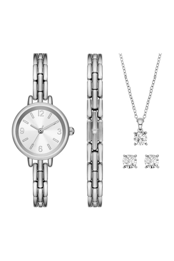 Women's Watch Gift Set: Silver Tone Small Round Case, Silver Sunray Dial and Silver Tone Link Bracelet