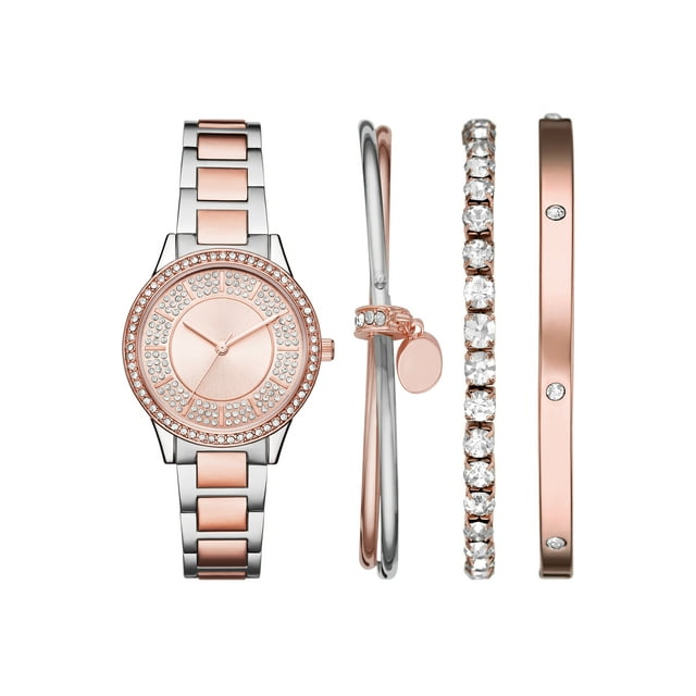 Folio Women's Watch Gift Set Two Tone Silver and Rose Gold Round Case
