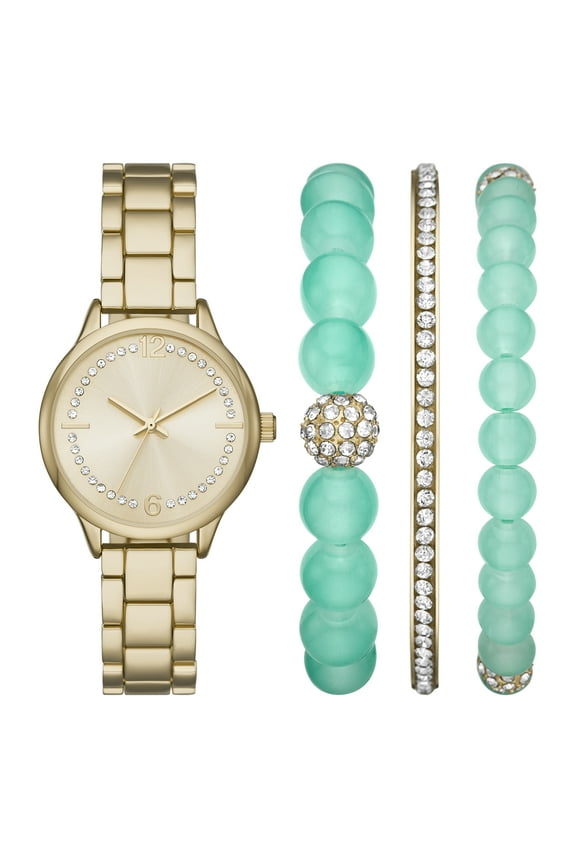 Women's Watch Set: Gold Tone, Crystal-Accented Dial, 3-Link Bracelet