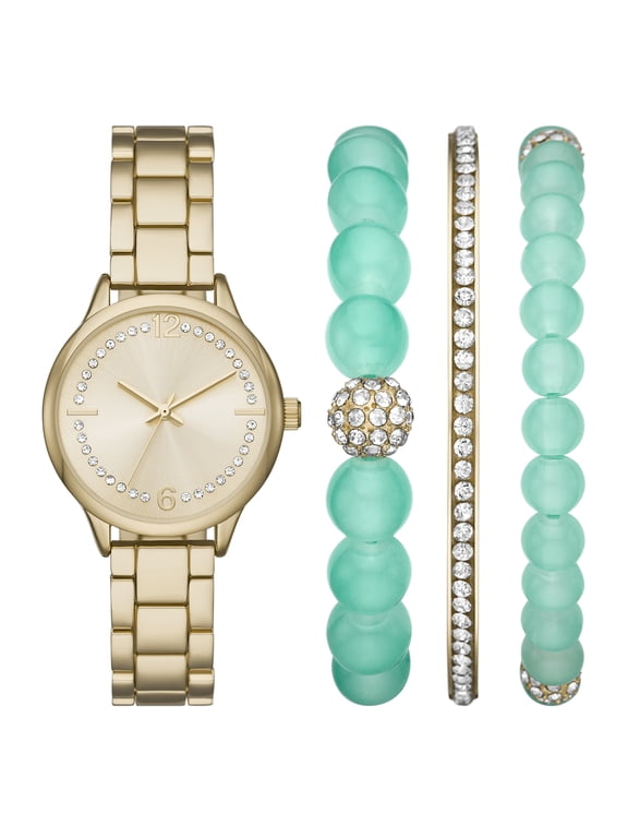 Women's Watch Set: Gold Tone, Crystal-Accented Dial, 3-Link Bracelet