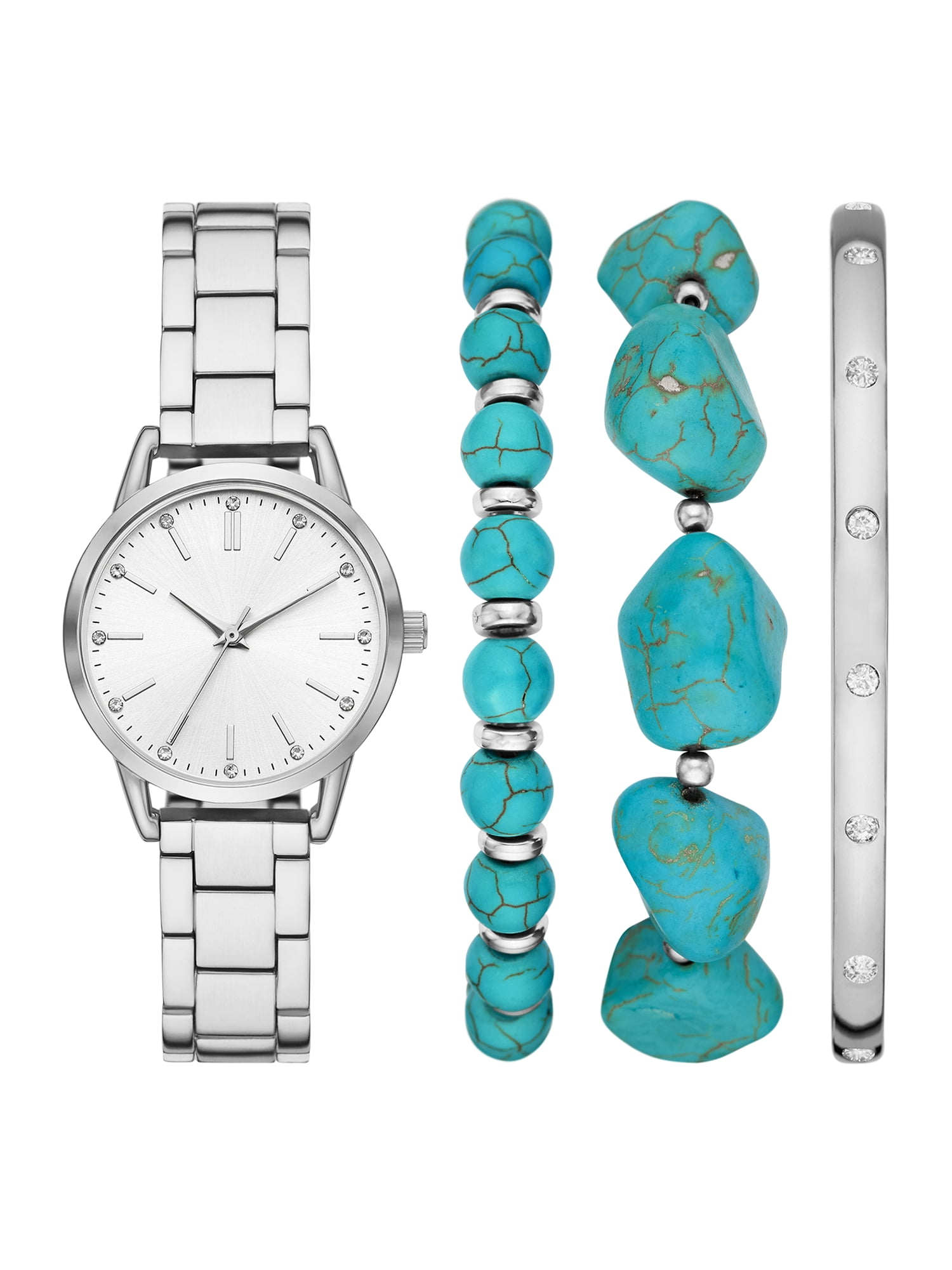 Folio Women's Watch Set: Silver Tone, Clear Stone Sunray Dial, 3-Link Bracelet (FMDAL1203)