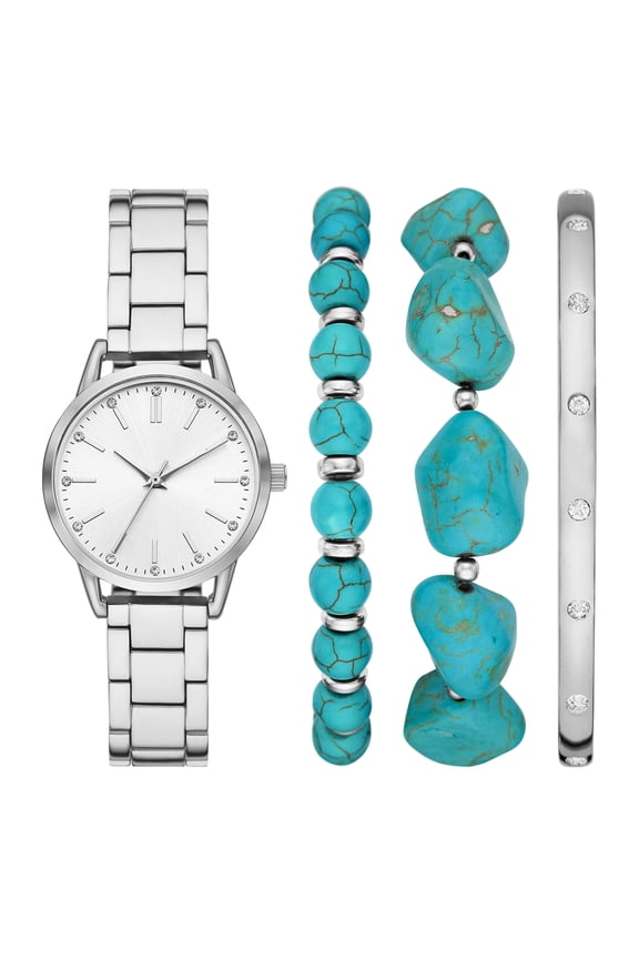Women's Watch Set: Silver Tone, Clear Stone Sunray Dial, 3-Link Bracelet (FMDAL1203)