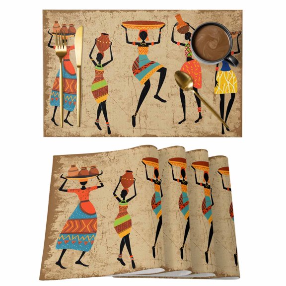 Folk African Women Dancing Placemats Set of 6,Wipeable Washable Table Mats for Dining Tables, Tribal Art on Retro Brown Place Mats for Kitchen Event Party Tabletop Decor