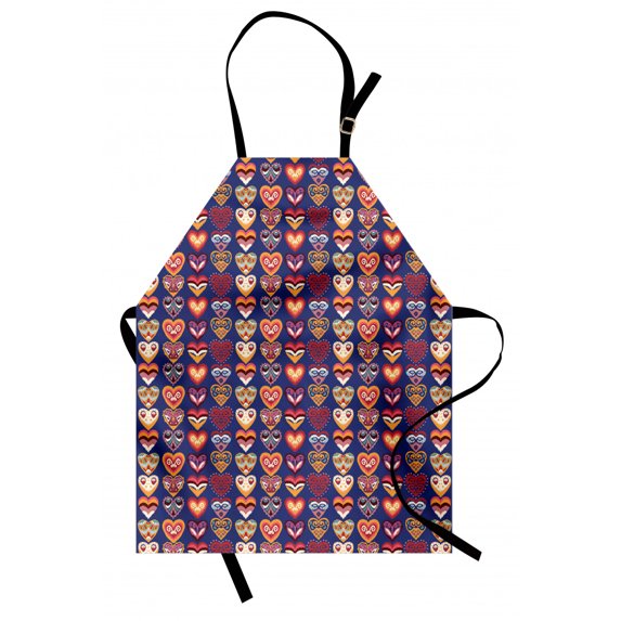Folk Apron, Valentine's Day Pattern with Colorful Hearts, Unisex Kitchen Bib with Adjustable Neck for Cooking Gardening, Adult Size, Dark Lavender Multicolor, by Ambesonne