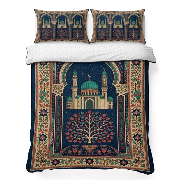 Folk Architectural 3 Piece Quilt Bedding Set with 2 Pillow Shams, Starry Night Tree Boho Double Arches Lightweight Bedspread Coverlet, Soft Breathable All Season Quilt, 68 x 86 Inch