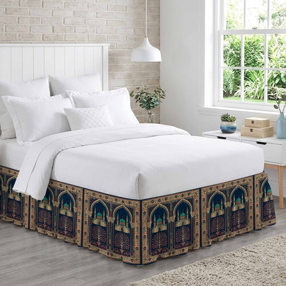Folk Architectural Bed Skirt King Size 18 Inch Drop, Starry Night Tree Boho Double Arches Adjustable Elastic Dust Ruffles Bedskirt for King Bed Wrap Around Pleated Mattress Frame Cover