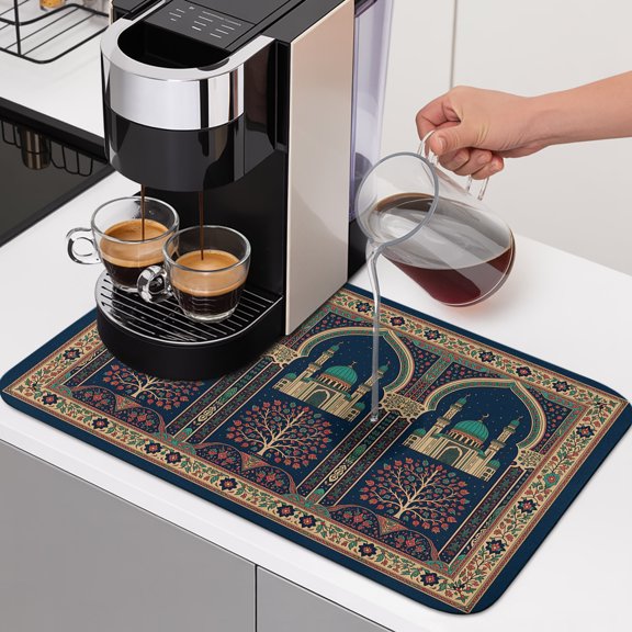 Folk Architectural Dish Drying Mats for Kitchen Counter, Starry Night Tree Boho Double Arches Absorbent Coffee Bar Mat with Non-slip Rubber Backed Quick Drying Dish Rack Pad 12"x16"