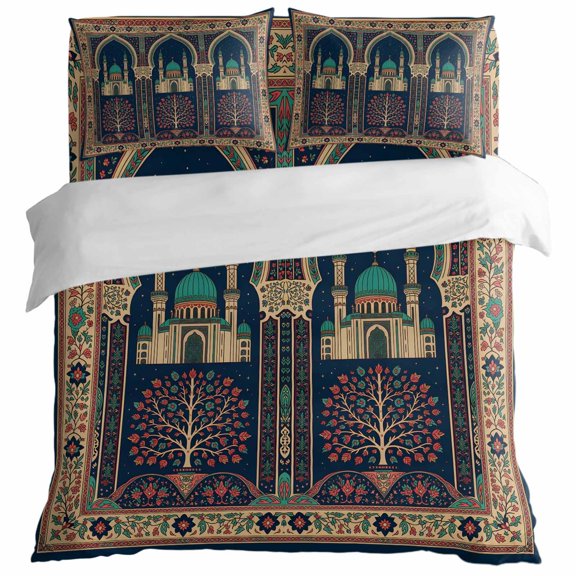 Folk Architectural Duvet Cover Set Twin Size, Starry Night Tree Boho Double Arches 4 Piece Bedding Set with Zipper Closure & Corner Ties Soft Breathable Comforter Cover for Bedroom