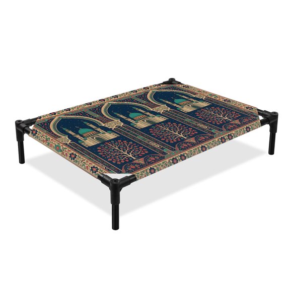 Folk Architectural Elevated Dog Bed, Starry Night Tree Boho Double Arches Cooling Breathable Outdoor Raised Dog Cot Bed with Metal Frame Non-Slip Feet for Medium Dog 24x20in