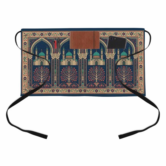 Folk Architectural Kitchen Restaurant Half Waist Apron, Starry Night Tree Boho Double Arches Server Short Apron with 3 Pockets Waterproof Oil Waist Aprons for Women Waitress Waiter