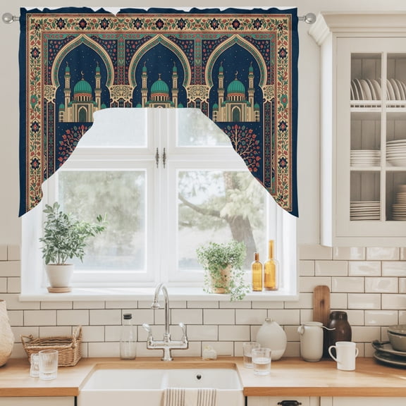 Folk Architectural Swag Curtain Valance for Windows, Starry Night Tree Boho Double Arches Swag Curtains Drapes Rod Pocket for Kitchen Bathroom Small Window, 1 Panel 56x36in