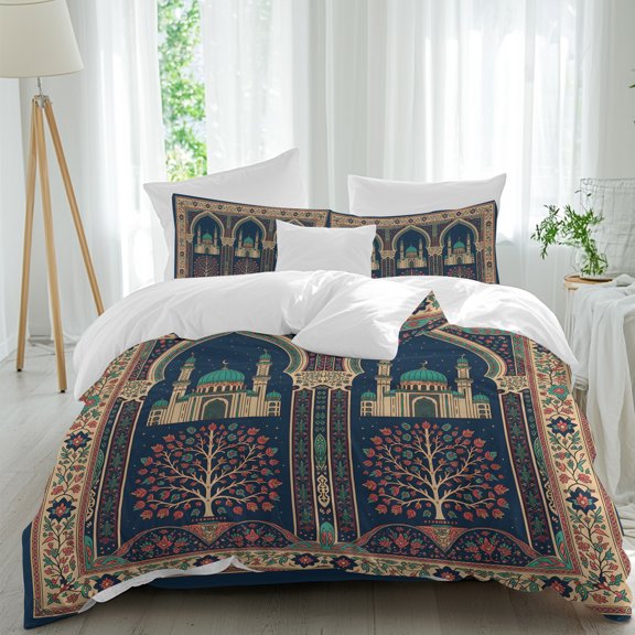 Folk Architectural Twin Duvet Cover Set, Starry Night Tree Boho Double Arches 4 Piece Microfiber Bedding Set with Zipper Closure, Bed Sheet and 2 Pillow Shams, Soft Bedding Cover