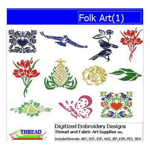 Folk Art(1) Embroidery Designs - All Popular Formats Included - Loaded on USB Stick