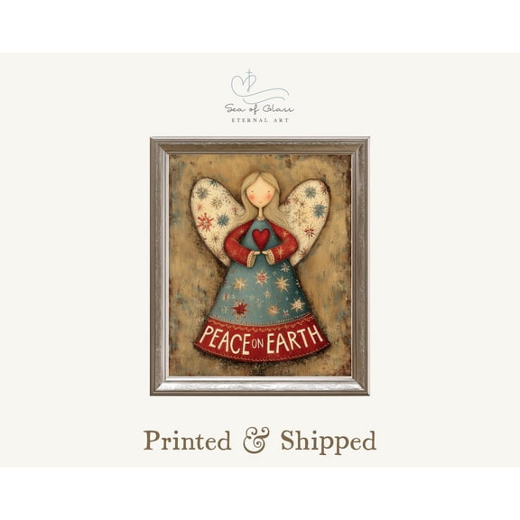 Folk Art Angel Poster Peace on EarthWall Art Poster – Rustic Country Primitive Decor, French Country Winter Art Decor, Unframed Poster Size 16x24 F03.1.18l1617