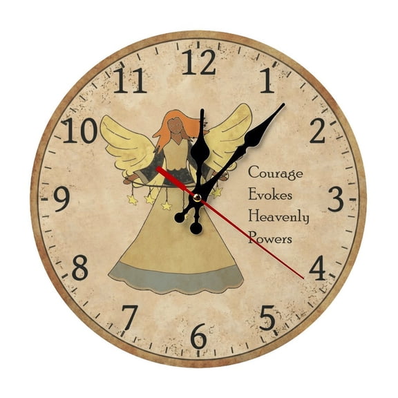 Folk Art Angel Round Wooden Wall Clock, Silent Non-Ticking Decor Clock for Home Multi Room Use