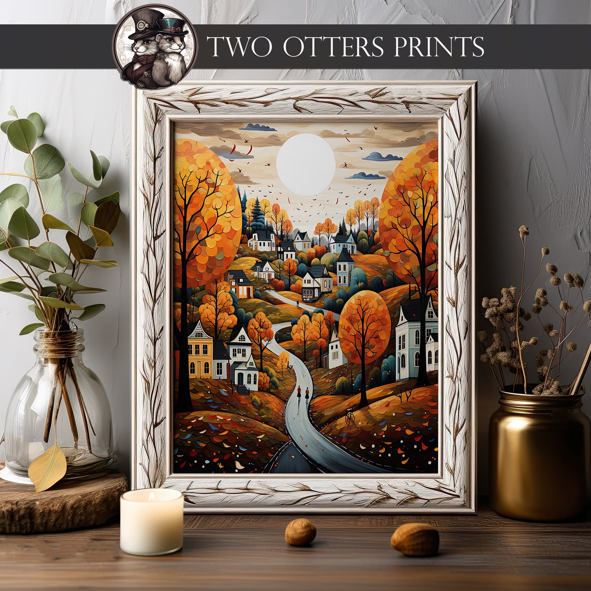 Folk Art Autumn Landscape Print Americana Fall Leaves Wall Art Poster ...