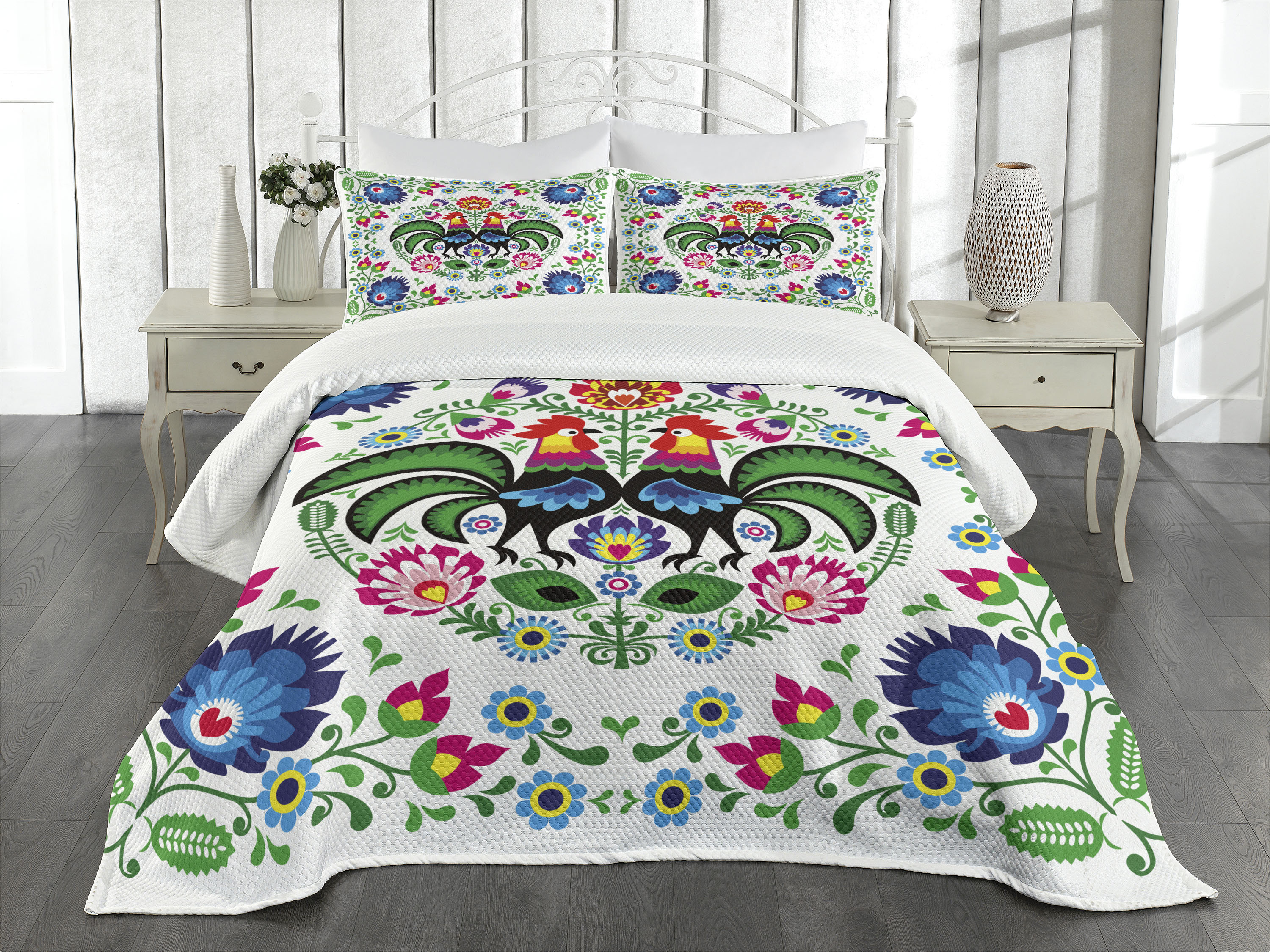 Folk Art Bedspread, Traditional Folkloric Polish Wzory Lowickie with