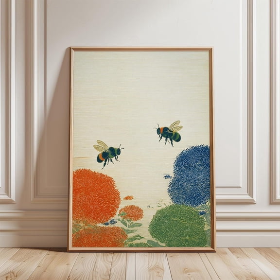 Folk Art Bee Poster Multicolor Floral Whimsical Bumblebee Botanical, Unframed Poster