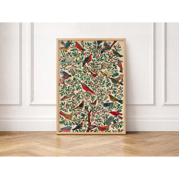 Folk Art Bird Tree Print, Colorful Maximalist Botanical Decor, Textile Style Wall Art, Poster Only