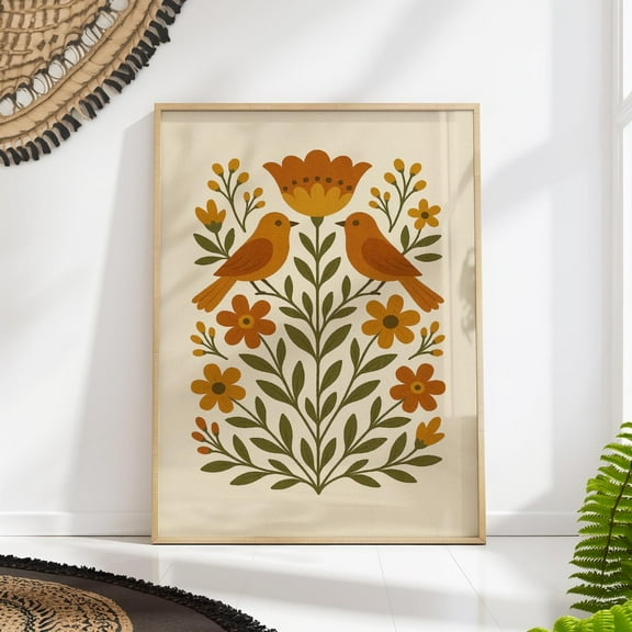 Folk Art Bird Wall Art Print, Mid-Century Botanical Floral Poster, Warm Scandinavian Decor Wall Art, Modern Wall Decor, 8x12 UNFRAMED