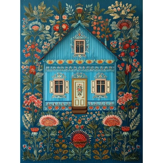 Folk Art Blue House Floral Canvas Print, Wall Decor for Living Room Bedroom Dining Room Entryway Kitchen Farmhouse Boho