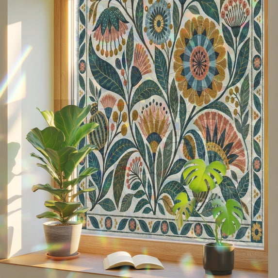 Folk Art Botanical Window Privacy Film, Vintage Geometric Flower Leaf ...