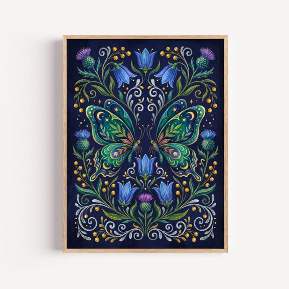 Folk Art Butterfly Wall Art Print, Navy Celestial Botanical Bedroom Decor
