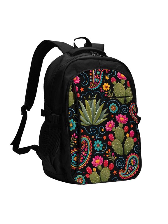 Folk Art Cactus Garden Pattern Art Laptop Backpack with USB Charging Headphone Port Casual Daypack Bag College Business Travel