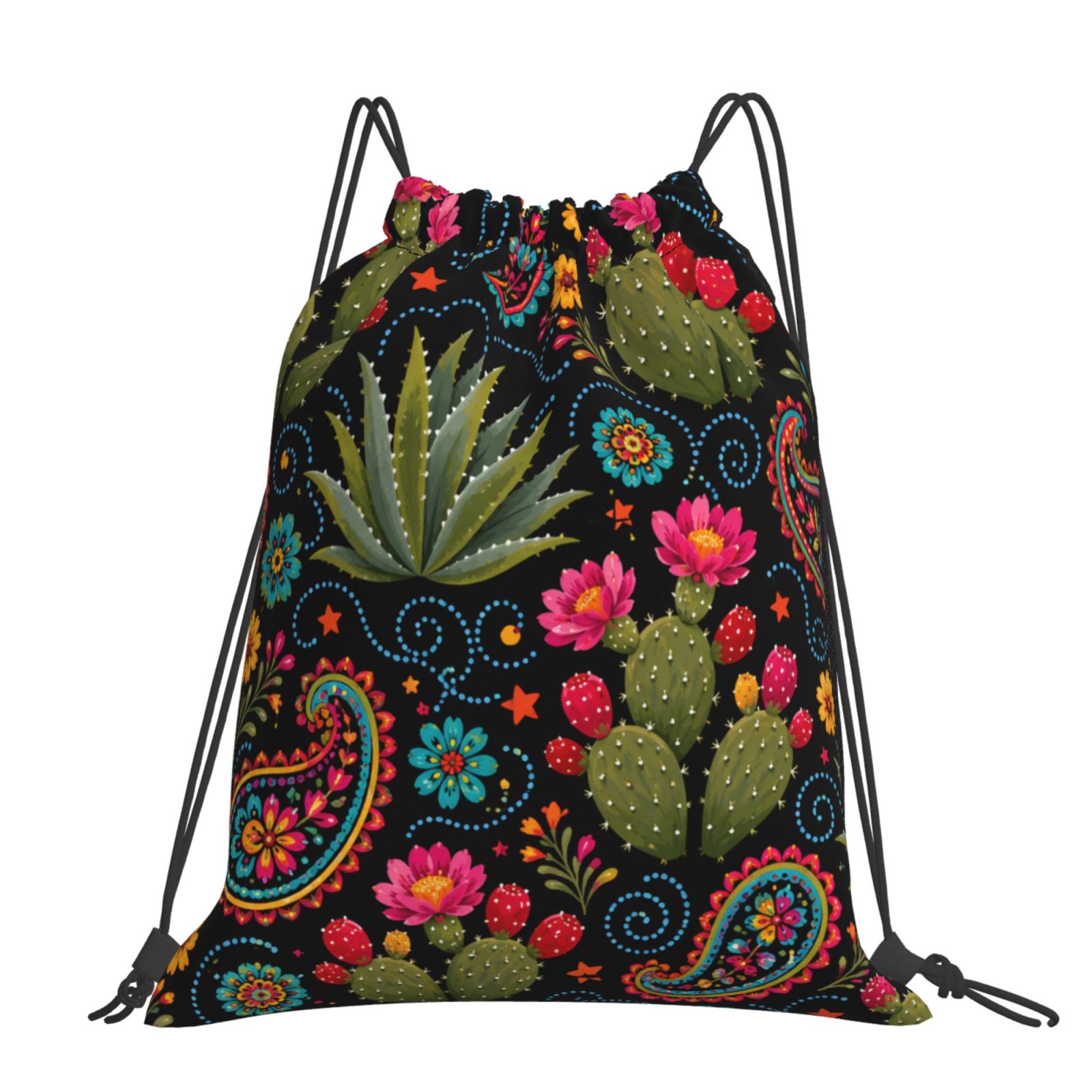 Mochila grande con cordón de patrón de jardín de cactus de arte folclórico, bolsa casual para deportes, senderismo, viajes y gimnasio