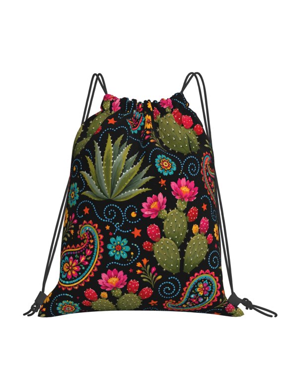 Folk Art Cactus Garden Pattern Art Large Drawstring Backpack Casual Cinch Sack Bag Backpack for Sports Hiking Travel Gym