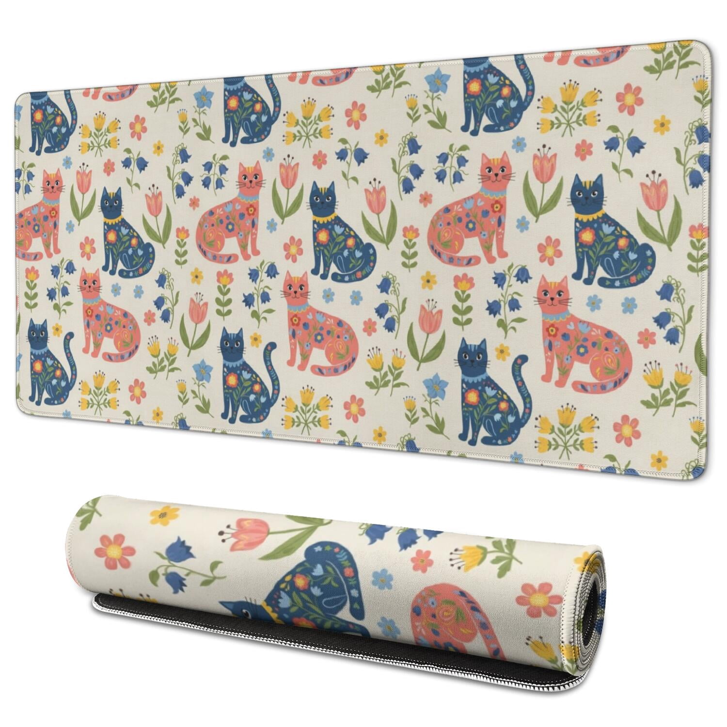 Folk Art Cat and Flower Beige Pattern Extended Large Mouse Pad, Large ...
