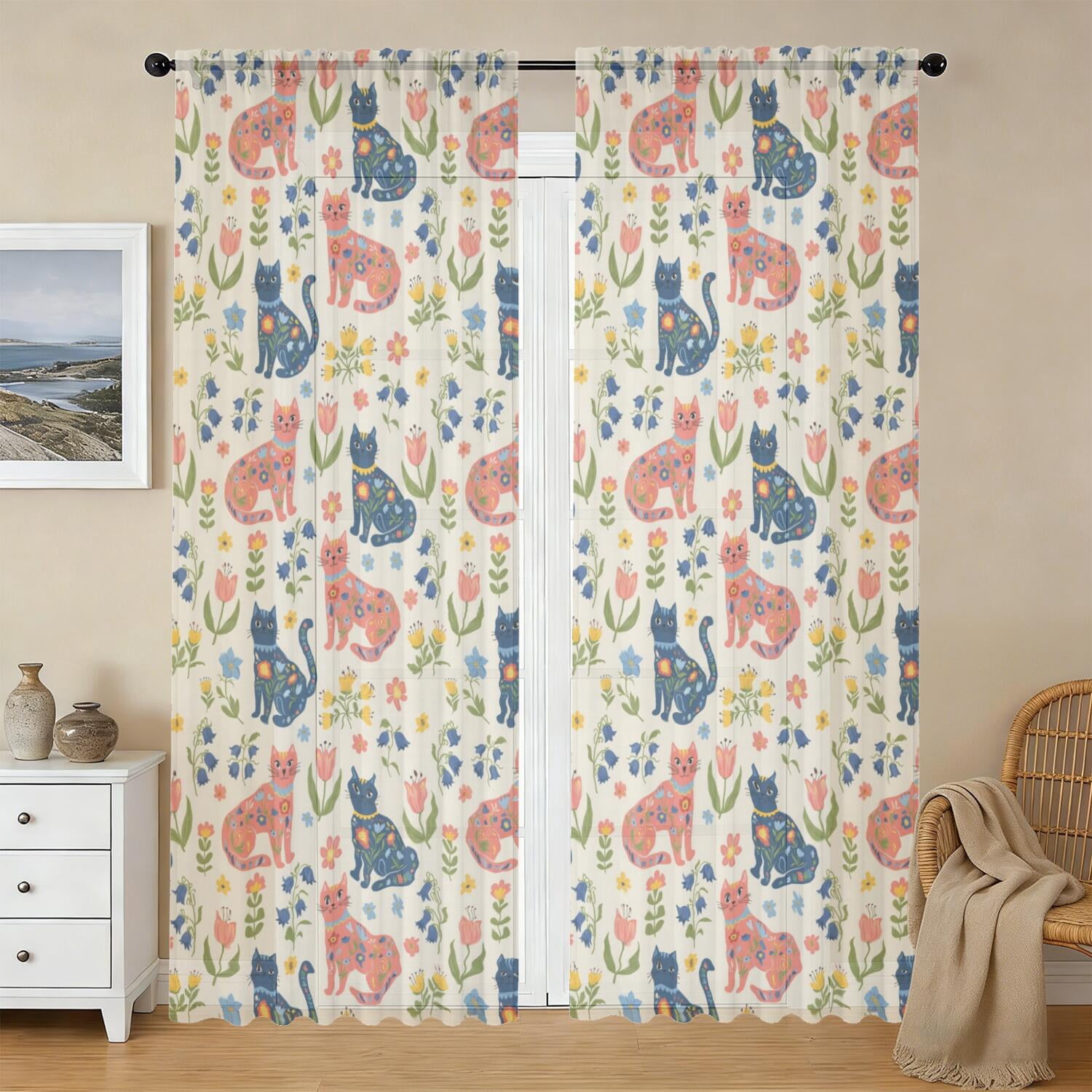 Folk Art Cat and Flower Beige Pattern Sheer Curtains, Sheer Window ...