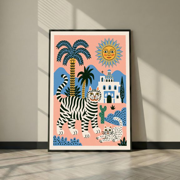 Folk Art Cat Poster Whimsical Boho Wall Art Colorful Eclectic Poster , Poster Print Only