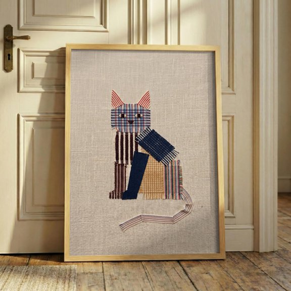 Folk Art Cat Print , Textile Wall Art, Patchwork Cat Poster, Vintage Applique Decor, Primitive Farmhouse Art, Rustic Cat , Poster Print Only