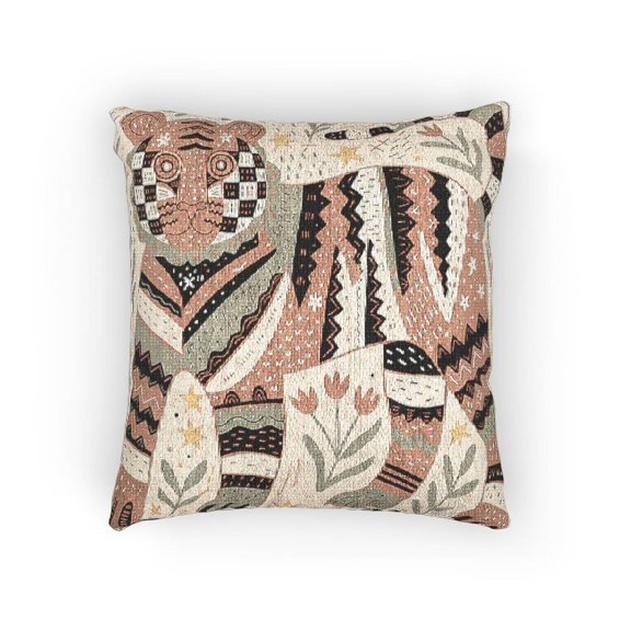 Folk Art Cat and Floral Coral, Black and Beige Decorative Woven Pillow, Cotton-Polyester Shell, Eclectic Decor