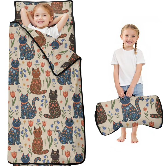 Folk Art Cat and Flower Beige Pattern Teens Toddler Nap Mat with Pillow, Sleeping Mat Bag for Preschool Daycare 59"x22"