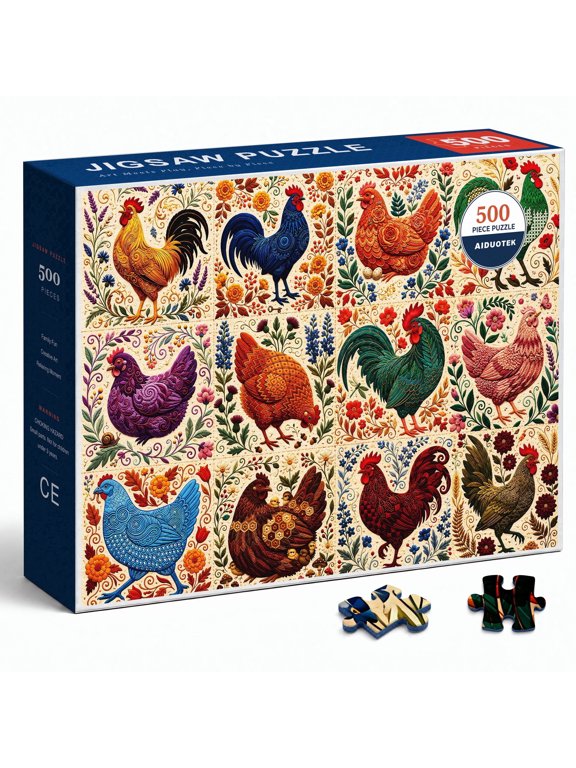 Chicken Puzzles for Adults 500 Pieces, Folk Rooster Pattern