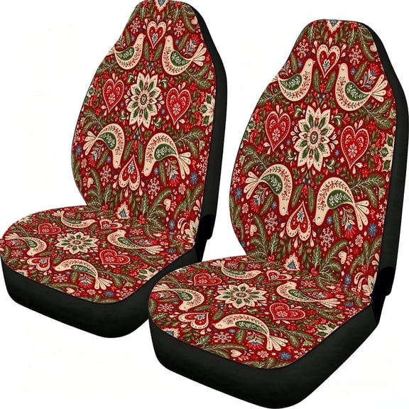 Folk Art Christmas Bird Print Car Seat Covers 2 Piece, Mesh Fabric Front Seat Protectors Universal Fit for Cars Suvs Trucks Vans
