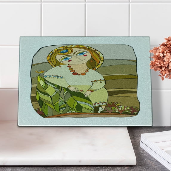Folk Art Cutting Board, Digitally Generated Drawn Slavic Girl in Traditional Clothes, Decorative Tempered Glass Cutting and Serving Board, in 3 Sizes, by Ambesonne