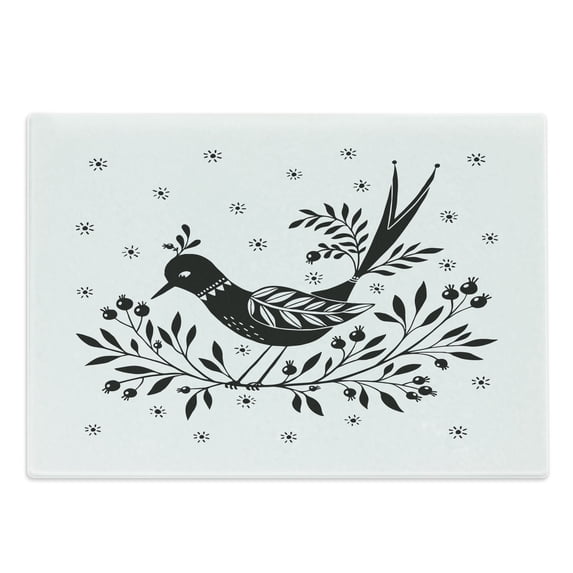 Folk Art Cutting Board, Monochrome Graphic of Bird on Thin Berry Branch Small Sun Motifs, Decorative Tempered Glass Cutting and Serving Board, in 3 Sizes, by Ambesonne