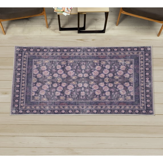Folk Art Decorative Rug, Bohemian Themed Peachy Ethnic Flowers and Traditional Botanical Details, Quality Carpet for Bedroom Dorm and Living Room, 6 Sizes, Dark Indigo and Lilac, by Ambesonne