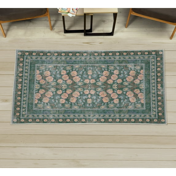 Folk Art Decorative Rug, Bohemian Themed Peachy Ethnic Flowers and Traditional Botanical Details, Quality Carpet for Bedroom Dorm and Living Room, 6 Sizes, Forest Green Peach, by Ambesonne