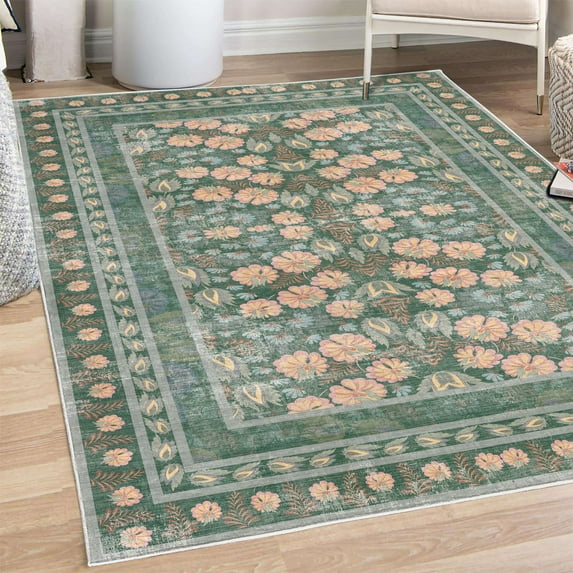 Folk Art Decorative Rug, Bohemian Themed Peachy Ethnic Flowers and Traditional Botanical Details, Quality Carpet for Bedroom Dorm and Living Room, 6 Sizes, Forest Green Peach, by Ambesonne