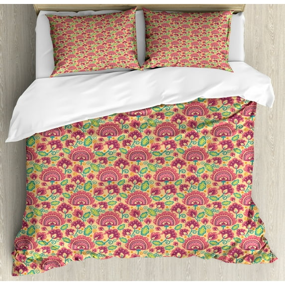 Folk Art Duvet Cover Set King Size, Colorful Abstract Botany Art with Flowers and Leaves Curlicue Motifs Dots Print, Decorative 3 Piece Bedding Set with 2 Pillow Shams, Multicolor, by Ambesonne